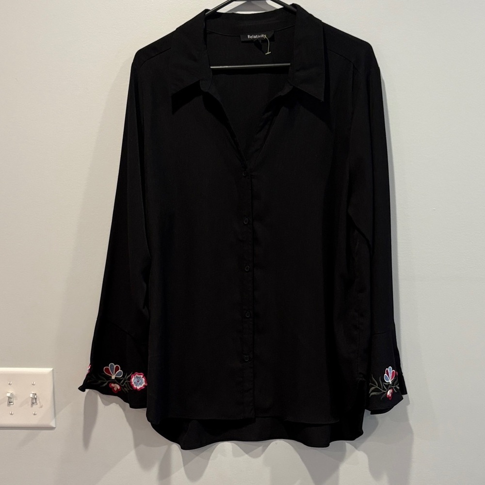 Relativity Black Button-Down Shirt with Floral Accents